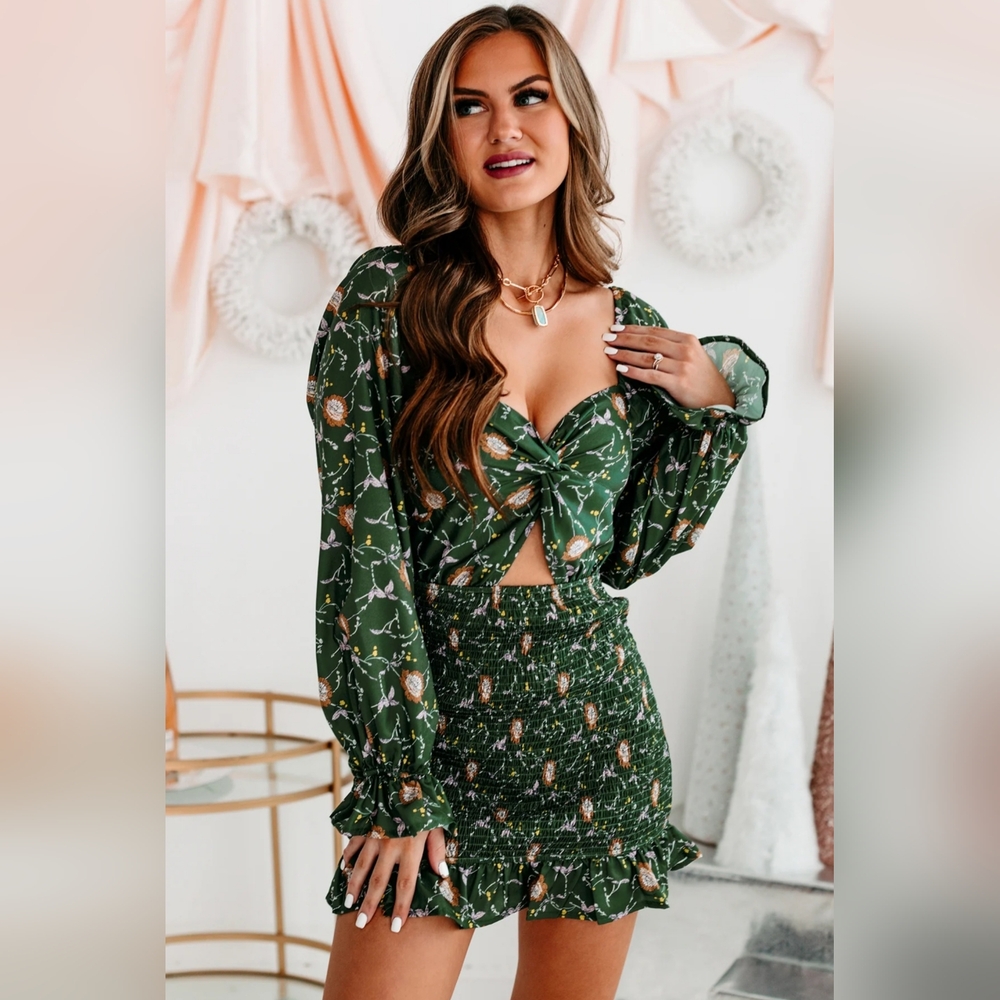Fore Floral Satin Smock Puff Sleeve Ruffle Cut-out Mini Party Dress